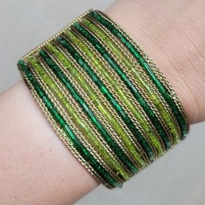 Gold & Green Beaded Cuff Bracelet Vintage Y2K